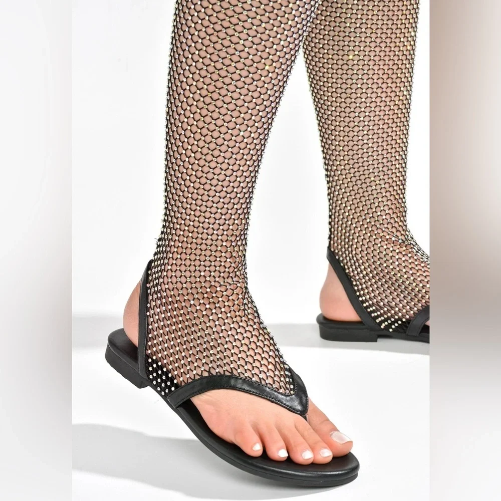 Cape Robbin Hude Rhinestone Mesh Thigh High Flat Sandals - Black NWT - Picture 4 of 10